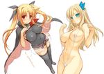  aqua_eyes areola_slip areolae arms_up bad_id bad_pixiv_id black_legwear blonde_hair blush boku_wa_tomodachi_ga_sukunai breasts butterfly_hair_ornament cape covered_nipples crossover fate_testarossa from_above hair_ornament hair_ribbon himukai_kyousuke kashiwazaki_sena large_breasts legs looking_up lyrical_nanoha mahou_shoujo_lyrical_nanoha multiple_girls nipples red_eyes ribbon slingshot_swimsuit swimsuit thighhighs thighs twintails 