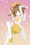  :o ahoge armpits arms_up bad_id bad_pixiv_id brown_hair cardcaptor_sakura cherry_blossoms crown dress elbow_gloves fuuin_no_tsue gloves gradient gradient_background green_eyes highres kinomoto_sakura leg_lift magical_girl mini_wings peppe petals shoes short_hair solo tareme thighhighs wand white_gloves zettai_ryouiki 