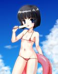  bikini black_hair blue_eyes character_request flat_chest food honyo innertube licking mebius_online micro_bikini popsicle short_hair solo swimsuit 