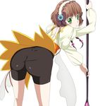  1girl artist_request ass bike_shorts brown_hair female green_eyes hairband leia_roland leia_rolando looking_back ribonzu short_hair simple_background solo staff tales_of_(series) tales_of_xillia white_background 