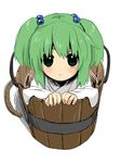  blush bucket chagen_kokimu child face green_eyes green_hair hair_bobbles hair_ornament in_bucket in_container kisume solo touhou twintails wooden_bucket 