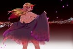  back bare_back blonde_hair breasts dress floral_print horn hoshiguma_yuugi japanese_clothes kimono large_breasts legs long_hair long_sleeves nabe_(ingenmame) naked_kimono off_shoulder open_clothes open_dress petals pink_dress red_eyes see-through sideboob smile solo thighs touhou yukata 