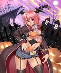  &gt;:) argyle bat bat_wings belt black_legwear breasts denim denim_shorts full_moon garter_straps halloween hand_on_hip head_wings highres houtengeki jack-o'-lantern jacket koakuma large_breasts legs moon navel necktie pink_hair pumpkin red_eyes short_shorts shorts skindentation smile solo thighhighs thighs touhou v-shaped_eyebrows wings 