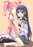  akemi_homura argyle argyle_legwear bad_id bad_pixiv_id black_hair blush bobby_socks bow closed_eyes gloves hair_bow hairband heart highres kaname_madoka kneehighs long_hair magical_girl mahou_shoujo_madoka_magica multiple_girls open_mouth oruto_(ort+) pantyhose pink_hair purple_eyes role_reversal short_hair short_twintails skirt socks straddling sweatdrop twintails white_legwear yuri 