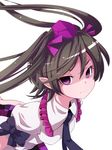  brown_hair hair_ribbon hat highres himekaidou_hatate necktie nikka_(cryptomeria) pointy_ears purple_eyes ribbon solo tokin_hat touhou twintails upper_body 