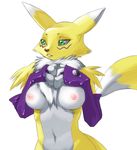  breasts brown_nose canine chest_tuft digimon female fox fur gloves green_eyes kevinsano looking_away mammal midriff navel nipples plain_background renamon solo standing tuft unknown_artist 