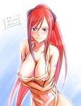  apron blush bonnie_(rsg) breasts cleavage crossed_arms earrings erza_scarlet fairy_tail jewelry large_breasts long_hair naked_apron nipple_slip nipples ponytail red_hair solo tattoo 