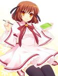  black_legwear blush brown_hair fuyuichi hair_ribbon inoue_(rewrite) looking_at_viewer notepad orange_eyes pencil rewrite ribbon school_uniform short_hair smile solo thighhighs 