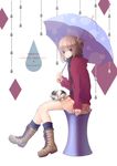  absurdres blue_eyes boots brown_hair cat cross-laced_footwear highres nana_mikoto original scarf short_hair sitting skirt smile solo umbrella 