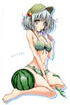  bad_id bad_pixiv_id barefoot bikini blue_eyes blue_hair blush character_name food fruit hair_bobbles hair_ornament harino646 hat highres kawashiro_nitori navel solo sweatdrop swimsuit touhou two_side_up watermelon wings 