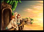  2boys bad_id bad_pixiv_id blue_eyes brown_hair green_eyes island kairi_(kingdom_hearts) kingdom_hearts multiple_boys red_hair riku school_uniform silver_hair sora_(kingdom_hearts) sunset teruyuki tree 