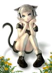  akubi_(fyfy) animal_ears bad_id bad_pixiv_id blonde_hair blue_eyes cat_ears cat_tail convenient_leg dandelion flower fur_trim headphones looking_at_viewer original pigeon-toed shadow shorts sitting solo tail 