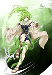  clip_(ririasu) duel_monster green_eyes green_hair highres jacket jewelry necklace ponytail sandals solo staff tank_top winda_priestess_of_gusto yuu-gi-ou yuu-gi-ou_duel_monsters 