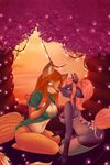  clothed clothing eye_contact female fox green_eyes hair horn kneeling lesbian looking_at_each_other mammal red_hair robyn_paperdoll romantic skimpy 