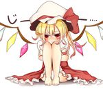  :&lt; barefoot blonde_hair blush dress flandre_scarlet hat hat_ribbon leg_hug panties pantyshot pantyshot_(sitting) red_dress red_eyes ribbon shirt side_ponytail sitting solo tears tosura-ayato touhou underwear upskirt white_panties wings 