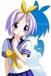  bad_id bad_pixiv_id hiiragi_tsukasa lucky_star purple_eyes purple_hair rindou_(awoshakushi) ryouou_school_uniform school_uniform serafuku short_hair silhouette solo yellow_neckwear 