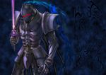  absurdres armor arondight berserker_(fate/zero) black_armor blue_background fate/zero fate_(series) full_armor highres male_focus solo sword weapon yuusu 