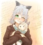  animal_ears blush blush_stickers character_doll eila_ilmatar_juutilainen green_eyes highres holding one_eye_closed ryou_(shirotsumesou) sanya_v_litvyak short_hair silver_hair smile solo strike_witches sweater world_witches_series 