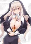  areolae between_breasts blonde_hair breasts cleavage_cutout collarbone covered_nipples cross cross_necklace eyebrows_visible_through_hair habit hair_between_eyes hair_ornament hair_tie jewelry kazu_tanuki large_breasts long_hair low_twintails necklace nun original red_eyes solo thighhighs twintails white_legwear 
