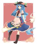  bad_id bad_pixiv_id blue_hair boots bow bowtie food fruit hat hinanawi_tenshi konbu_ame leaf long_hair peach red_eyes ribbon smile solo sword sword_of_hisou touhou weapon 