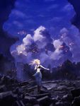  battle blonde_hair boots building city closed_eyes clothes_around_waist cloud explosion jacket_around_waist long_hair macross macross_frontier microphone midriff ruins sheryl_nome sky solo sports_bra uhouho14 
