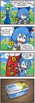  4koma blue_eyes blue_hair cirno comic commentary daiyousei finnish flower green_eyes green_hair hair_ribbon kazami_yuuka multiple_girls non-web_source plaid plaid_skirt product_placement pun ribbon setz side_ponytail skirt sunflower touhou translated 