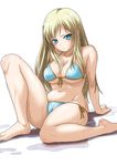  aqua_eyes arm_support barefoot bikini blonde_hair blue_bikini blue_eyes blush boku_wa_tomodachi_ga_sukunai breasts cleavage front-tie_top kashiwazaki_sena kouda_tomohiro large_breasts long_hair navel side-tie_bikini sitting skindentation solo swimsuit underboob water wet 