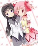  akemi_homura black_hair bow grey_skirt hair_bow hairband heart kaname_madoka long_hair magical_girl mahou_shoujo_madoka_magica multiple_girls no_legwear pink_eyes pink_hair purple_eyes short_hair skirt twintails yoshitani_(aminosan) 