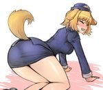  :3 animal_ears artist_request ass blonde_hair blush breasts dog_ears fang from_behind kaiten_muten-maru komai_(kaiten_muten-maru) kuro_suto_sukii police police_uniform policewoman smile source_request tail uniform 