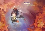  2011 autumn bad_id bad_pixiv_id black_hair black_wings from_above leaf looking_at_viewer madyy maple_leaf perspective red_eyes shameimaru_aya short_hair solo touhou wings 