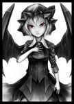  alternate_costume bad_id bad_pixiv_id bat_wings expressionless frame greyscale hand_on_own_chest hat highres hihi_(kakukaku9646) monochrome pale_skin red_eyes remilia_scarlet short_hair solo spot_color touhou wings 