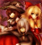  2girls amanojaku ascot bad_id bad_pixiv_id bat blonde_hair blush bow braid brown_hair cosplay costume_switch dress grey_eyes hair_bow hair_tubes hakurei_reimu hakurei_reimu_(cosplay) halloween happy_halloween hat kirisame_marisa kirisame_marisa_(cosplay) long_hair monocle morichika_rinnosuke multiple_girls open_mouth red_eyes scar short_hair smile touhou vampire witch_hat yellow_eyes 