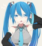  aqua_eyes aqua_hair bad_id bad_pixiv_id bare_shoulders breasts detached_sleeves erubo hand_on_own_head hatsune_miku large_breasts long_hair necktie open_mouth solo twintails vocaloid 