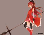 bad_id bad_pixiv_id bare_shoulders black_legwear boots detached_sleeves frown gradient_hair knee_boots ko-&gt;u long_hair magical_girl mahou_shoujo_madoka_magica multicolored_hair polearm ponytail red_eyes red_hair sakura_kyouko simple_background solo spear thighhighs wallpaper weapon worried zettai_ryouiki 