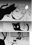  bed bed_sheet black_cat blush braid cat chen chen_(cat) closed_eyes comic doujinshi greyscale highres hirafumi long_hair maribel_hearn monochrome multiple_girls multiple_tails nekomata no_hat no_headwear non-web_source short_hair single_braid sleeping smile tail tears touhou usami_renko 