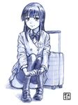  blue leg_hug light_smile long_hair monochrome rolling_suitcase school_uniform signature simple_background sitting solo suitcase thighhighs working!! yamada_aoi yoshikawa_kazunori 