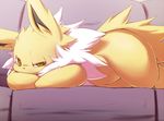  black_nose blush eevee eeveelution jolteon kimubota looking_at_viewer lying nintendo pok&#233;mon pok&eacute;mon sofa solo video_games yellow_eyes 