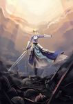  ahoge armor armored_dress artoria_pendragon_(all) bad_id bad_pixiv_id battlefield blonde_hair blue_eyes dress excalibur fate/stay_night fate_(series) gauntlets hair_ribbon highres madyy ribbon saber solo standing sword weapon 