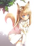  animal_ears bangs blonde_hair blue_eyes blunt_bangs blush fox_ears fox_tail hands_together light_smile long_hair looking_at_viewer nekomu original own_hands_together shadow skirt solo standing steepled_fingers sunlight tail thighhighs tree_shade white_legwear white_skirt 
