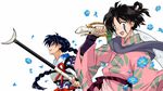  anime_coloring armor artist_request bankotsu_(inuyasha) black_hair braid facial_mark flower hair_ornament hair_up hairpin inuyasha jakotsu_(inuyasha) multiple_boys official_style otoko_no_ko scarf single_braid sword weapon 