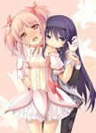  akemi_homura argyle argyle_legwear black_hair blush drooling flower gloves hair_ribbon hairband highres kaname_madoka kiss lily_(flower) long_hair magical_girl mahou_shoujo_madoka_magica multiple_girls off_shoulder open_mouth oruto_(ort+) pantyhose pink_eyes pink_hair pink_skirt purple_eyes purple_hair purple_skirt ribbon saliva skirt twintails yuri 