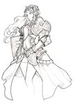  arm_guards armor bangs bare_legs breastplate breasts circlet gauntlets knight large_breasts long_hair original parted_bangs pauldrons serenade_(sinohi) shield shorts simple_background sketch solo wavy_hair white_background wind 