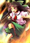  :d arm_cannon bad_id bad_pixiv_id black_hair black_legwear bow hair_bow highres kneehighs long_hair open_mouth red_eyes reiuji_utsuho sayama_yoshiki skirt smile solo touhou v-shaped_eyebrows very_long_hair weapon wings 