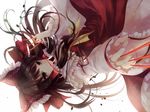  ascot bad_id bad_pixiv_id between_fingers bow brown_eyes brown_hair detached_sleeves dress hair_bow hair_tubes hakurei_reimu holding_needle long_hair mouth_hold needle nunucco red_dress solo throwing_needles touhou upside-down 