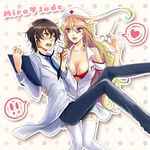  1boy 1girl :o alternate_costume black_hair blonde_hair breasts character_name cleavage collarbone couple doctor glasses hat hetero jude_mathis labcoat large_breasts long_hair lottalove milla_maxwell nurse nurse_cap open_mouth red_eyes stethoscope surprised syringe tales_of_(series) tales_of_xillia thigh_strap thighhighs white_legwear yellow_eyes 