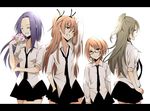  arm_up bad_id bad_pixiv_id brown_hair closed_eyes dress_shirt glasses grin half_updo height_difference houjou_hibiki hummy_(suite_precure) kurokawa_eren letterboxed lineup long_hair minamino_kanade multiple_girls necktie precure purple_hair sao_(0060) seiren_(suite_precure) shirabe_ako shirt short_hair sleeves_rolled_up smile suite_precure teeth two_side_up white_background white_shirt 