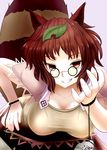  animal_ears breasts brown_eyes brown_hair cleavage futatsuiwa_mamizou glasses grin hand_on_hip ishikkoro large_breasts leaf leaf_on_head leaning_forward pince-nez raccoon_ears raccoon_tail short_hair smile solo tail touhou 