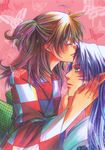  1girl artist_request brown_hair bug butterfly checkered closed_eyes couple cover cover_page facial_mark hands_on_another's_face hetero highres insect inuyasha japanese_clothes kimono marker_(medium) pointy_ears profile rin_(inuyasha) sesshoumaru side_ponytail traditional_media white_hair yukata 