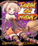 annerose_redrum arai_nobu bad_id bad_pixiv_id bare_shoulders broom elbow_gloves gloves hair_ornament halloween hat open_mouth original red_eyes skull_hair_ornament solo star striped striped_legwear thighhighs trick_or_treat witch_hat 