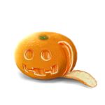  carving commentary food fruit halloween jack-o'-lantern lowres mandarin_orange no_humans original simple_background smile 
